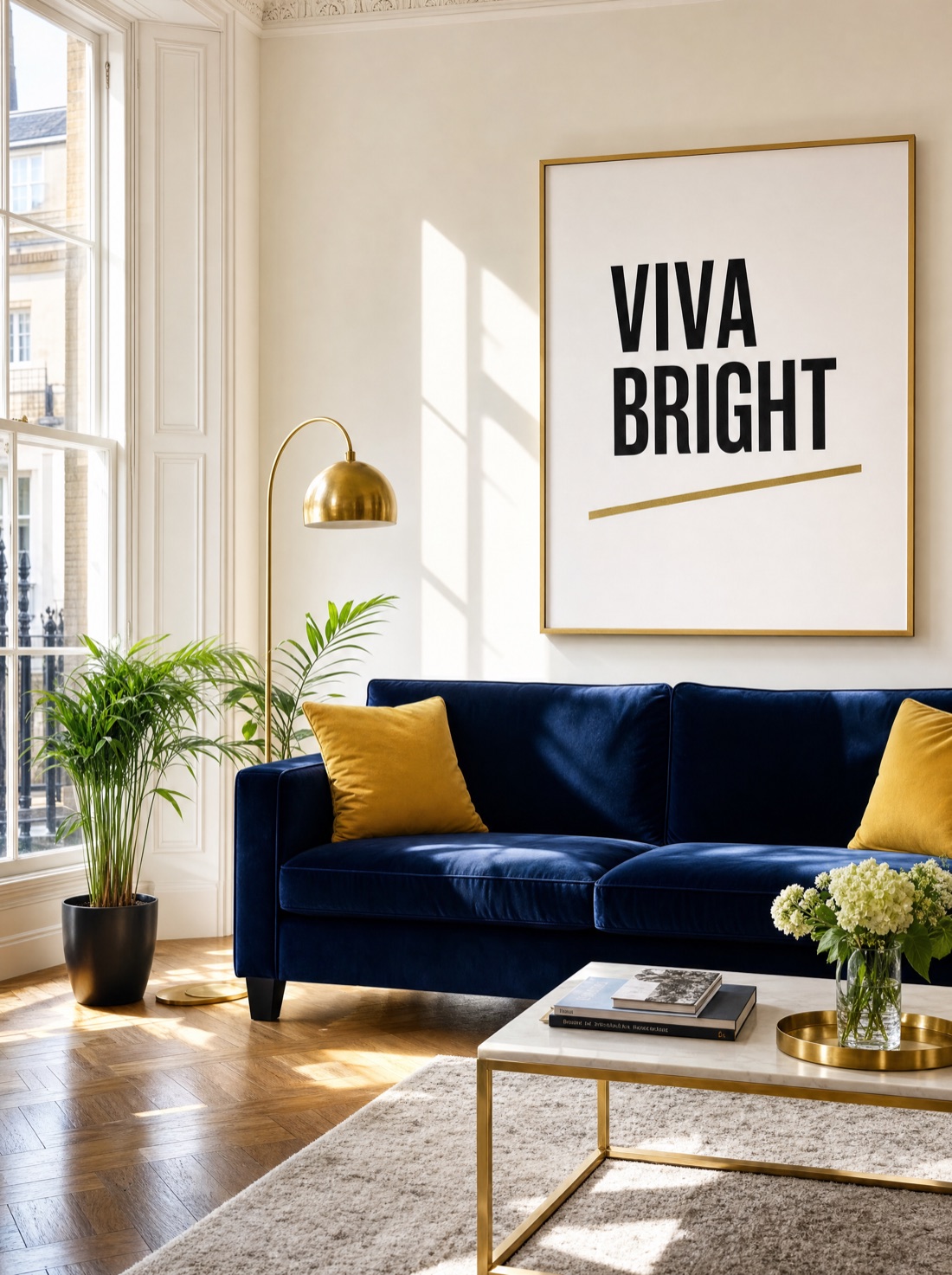 A bright, immaculate living room with a navy sofa, gold accents and a framed Viva Bright print